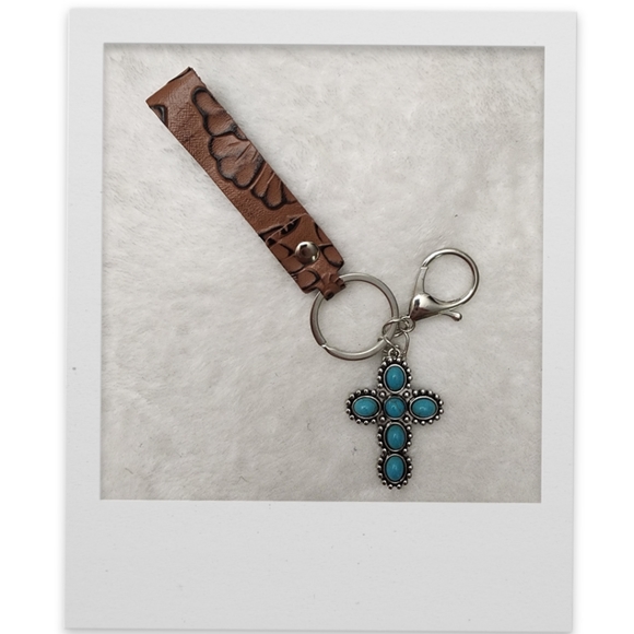 Leather and Turquoise Cross Keyring - Picture 1 of 5